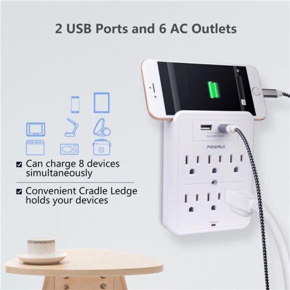 Surge Protector, USB Wall Charger with 2 USB Charging Ports(Smart 2.4A Total) - Picture 3 of 8